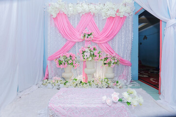 wedding decoration with pink and white flower color theme, 17 January 2021, Tenggarong city, East Kalimantan Indonesia