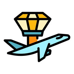 Control tower and plane icon. Outline control tower and plane vector icon color flat isolated