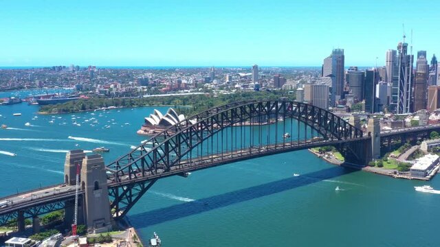 Aerial drone view of Sydney Harbour Bridge on a beautiful sunny day 