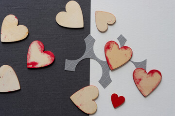 grungy wooden hearts on paper