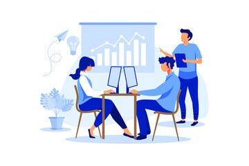 Training of office staff. Increase sales and skills. Team thinking and brainstorming. Analytics of company information flat vector illustration 