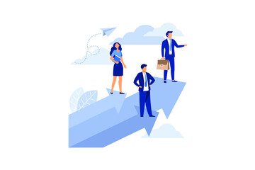 Obraz premium Businessman on Arrow Graph. Leader Leads the Team to Top of Success. Only Forward. Business Vector Concept Illustration