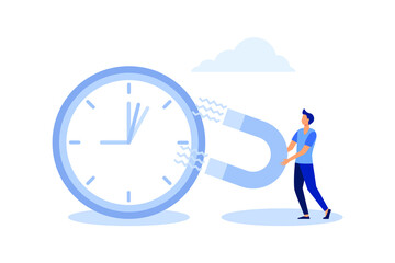 Time management, control business time or work deadline concept, smart businessman using magnet to stop clock hand metaphor of time manipulation. flat vector illustration 