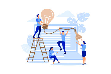 Office workers near the laptop are developing new ideas.The concept of searching for ideas, brainstorming, and joint project development. flat modern design illustration