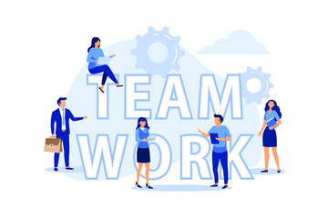 businessmen together build word teamwork, abstract design graphic, construction business project flat design illustration 