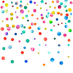 Watercolor confetti on white background. Admirable rainbow colored dots. Happy celebration square colorful bright card. Extra hand painted confetti.