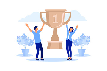 Successful Businessman with Prize. Business Success Teamwork Concept. Manager with Winning Trophy Cup. Leader Man and Woman Celebrating Victory. Vector illustration