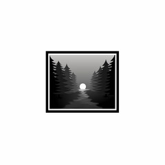 River logo in the middle of a pine forest. River at night and full moon