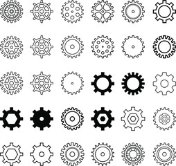 Gear. A set of different gears. Technique. Line drawing