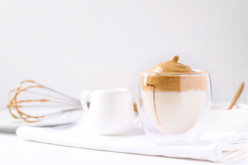 Dalgona coffee, Fluffy cream coffee whipping on cold or hot milk, Korean coffee style, Homemade food
