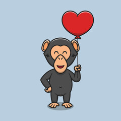 Cute chimpanzee holding love balloon cartoon icon illustration