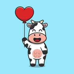 Cute cow holding love balloon cartoon icon illustration