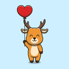Cute deer holding love balloon cartoon icon illustration