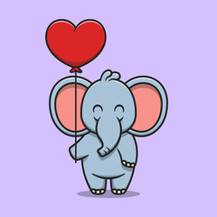 Cute elephant holding love balloon cartoon icon illustration