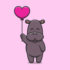 Cute hippopotamus holding love balloon cartoon icon illustration