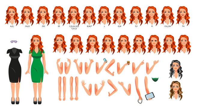 Girl in dresses to create animation. Character head with different emotions. Facial expressions with lips conveying the alphabet. Equal hand positions. Vector illustration