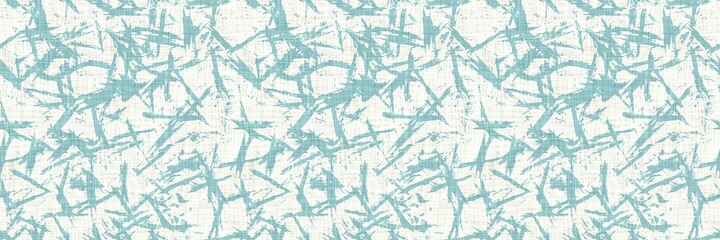 Aegean teal streaked border strip linen texture background. Coastal summer style home decor fabric effect. Sea green wash grunge edge material. Decorative textile mottle seamless pattern banner. 