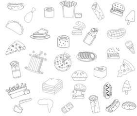 Black and white vector illustration set of fast food for coloring book and doodle