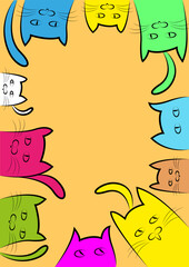 Lots of cats painted with different colors drawn with lines.