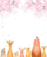 森の動物が満開の桜の木の下にいる春の北欧風かわいいフレームイラストベクター素材 