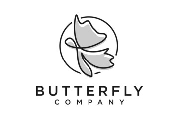 Beauty Flying Butterfly Stamp Label Logo with simple minimalist line art monoline styl