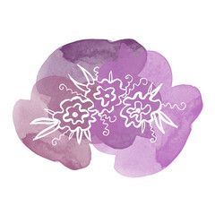 White Floral botanical flowers on watercolor purple blots. Isolated illustration element. Line art hand drawing wildflower on white background for frame or border, backdrop, texture, wrapper pattern