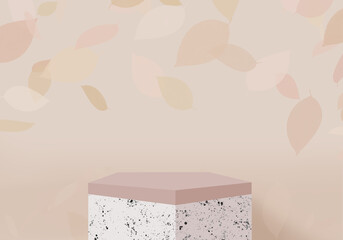 Exhibition podium. Stand for the demonstration of cosmetic products. Autumn leave falling. 3d rendering. Beige gradient background