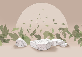 Exhibition podium. Stand for the demonstration of cosmetic products. Autumn leave falling. 3d rendering. A group of white stone pedestals. Beige gradient and circle background