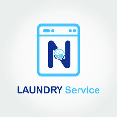 Initial N Letter with Bubble and shiny icon on the Laundry Machine for Laundry, Cloth Cleaning Washing Service Simple Minimalist Logo Template Idea