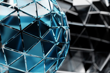 3D illustration of a  blue  glass   ball  with many faces, crystals scatter   on a black  background.  Cyber ball sphere