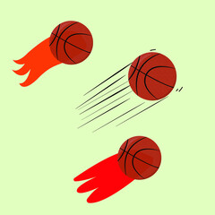 Close-up vector illustration of a basketballs ball flying at high speed behind it with a fiery tail on a green background. Sport equipment