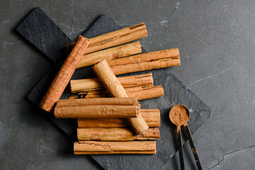Group of Cinnamon Sticks also known as quills are dried strips of bark from the cinnamon tree.