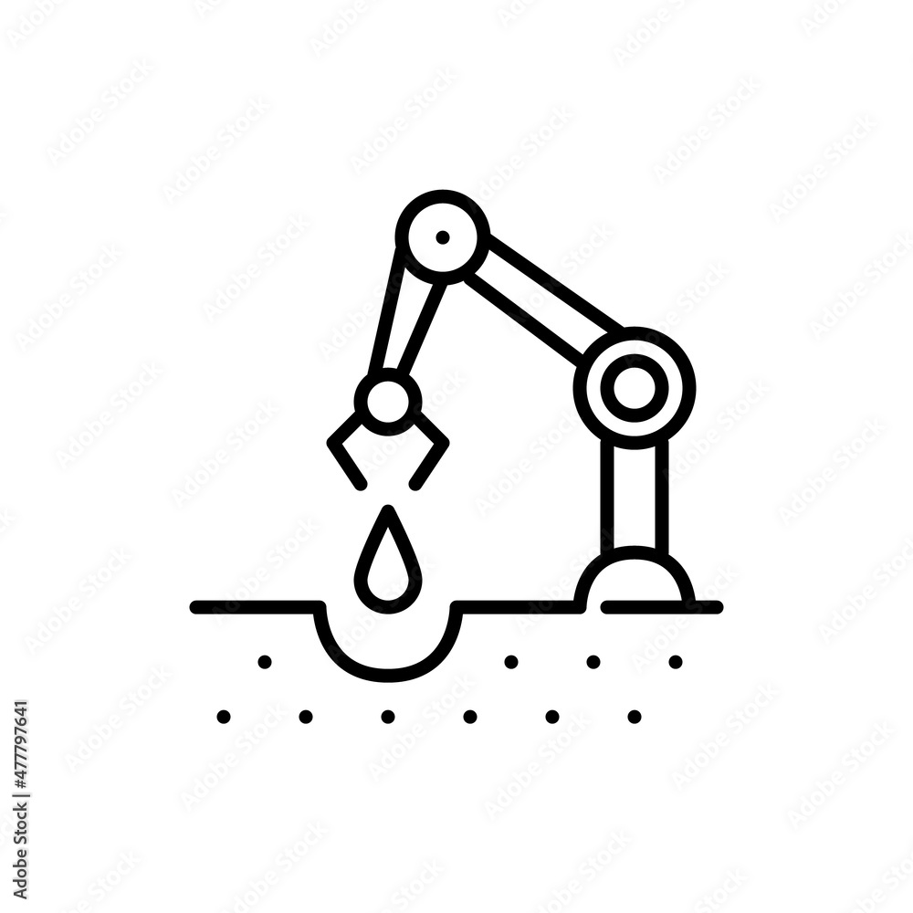 Poster smart farming technology. automated robot hand planting seeds in soil. pixel perfect, editable strok