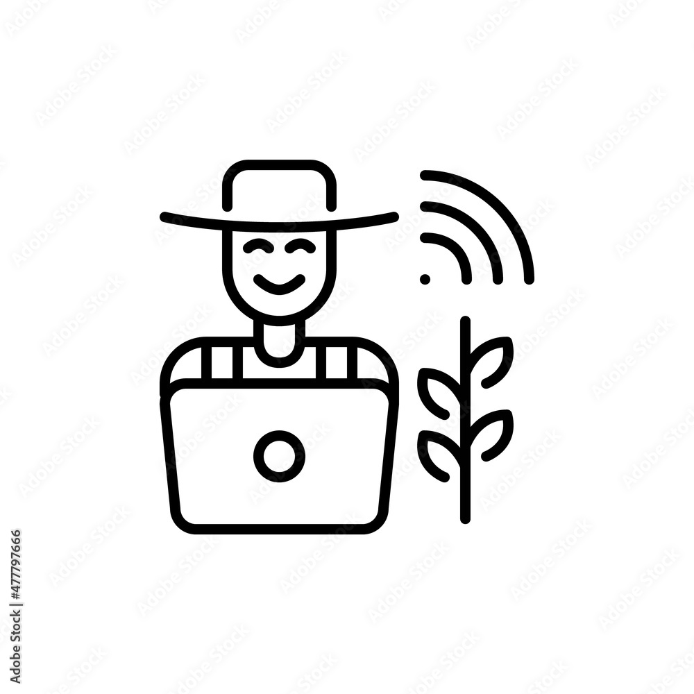 Poster modern smart farmer. person wearing a hat and overalls at the computer using internet of things. pix