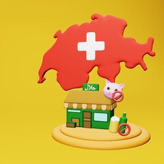 3d rendering of halal and haram food and beverage culinary tourism in Switzerland