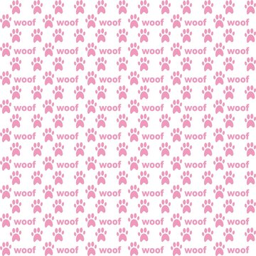 Paw print seamless pattern. Traces of Dogs Pattern and text woof. Pink silhouette on white background.  Vector.