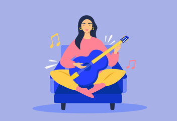 vector illustration - a young woman plays the guitar while sitting on an armchair. illustration in flat style