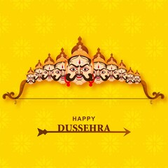 Lord Rama with arrow killing Ravana ten heads in happy dussehra background