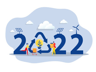  2022 New Year And  Recycling, Reducing Pollution and Waste, Saving the Earth concept Flat vector illustration.
