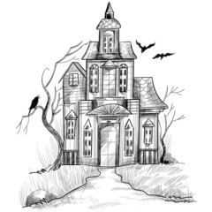Hand drawn haunted halloween house sketch design