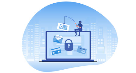 Phishing scam, hacker crime attack and personal data security concept. Hacker try to unlock the key on computer and phishing account, stealing password. cyber security vector illustration