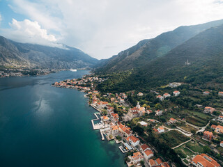 Aerial view of the town of Prcanj on the shore of the Bay of Kotor