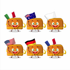 Orange pencil case cartoon character bring the flags of various countries