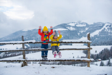 Cute children boy and girl playing on a winter walk in nature. Portrait of happy little kids wearing winter clothes knitted hat, scarf and jacket.