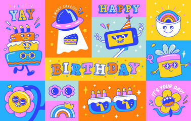 Birthday greeting card with funny and cute characters design. 