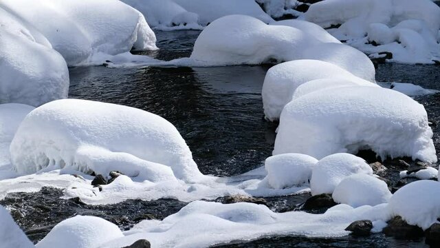Video of Stones with snow caps and ice in the water of frozen river Pescherka near waterfall in winter season.  Russia