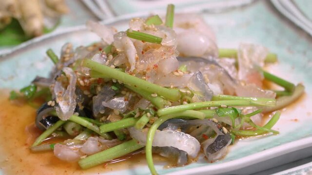 seasoned puffer fish(bogeo) skin is Korean style food