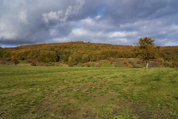 Fototapeta premium Landschaft am Haßbertrauf beim Fachwerkdorf Nassach im Naturpark Haßberge, Gemeinde Aidhausen, Landkreis Haßberge, Unterfranken, Franken, Deutschland