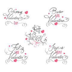 Happy Valentine's Day Font In Various Language With Pink Hearts On White Background.