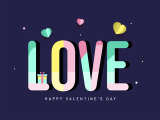 Pastel Color Love Font With A Gift Box And Paper Cut Hearts On Blue Background For Happy Valentine's Day Concept.